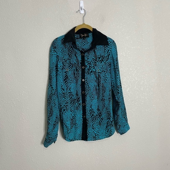 Yumi Kim Blue Animal Print Button Down Silk Blouse Small - Picture 4 of 6